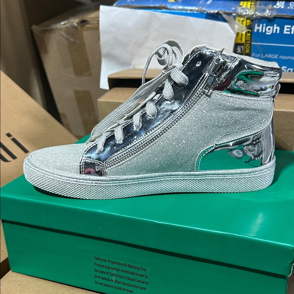 Shiny Silver High-Top Sneakers